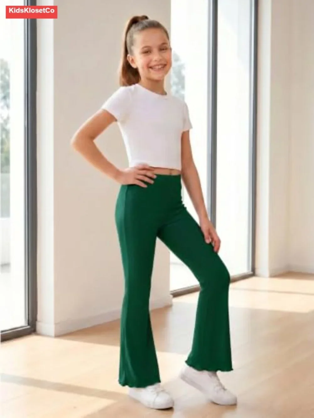 Girls Ribbed Knit Flared Leggings High Waist Bell Bottom Yoga Pants